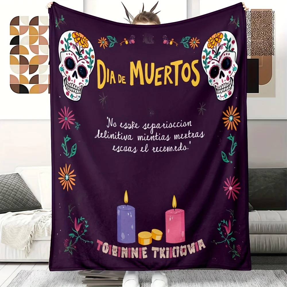 1pc Mexican Day of the Dead Throw Blanket Soft Flannel with Skulls, Candles Floral Design 
