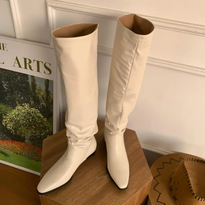 Hot Girls Knee- High Boots Slip On Simple Pleated Microfiber Winter Botas Big Girth Spring Autumn Modern Woman Boots Size 43