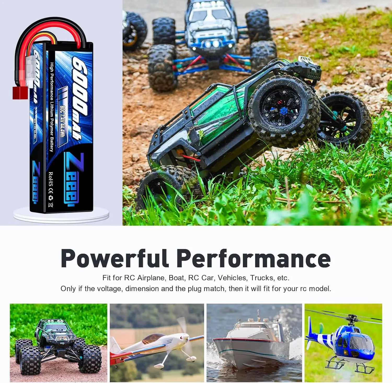 Zeee-Batterie Lipo 6000mAh 2S 80C 7.4V avec Prise Deans, Boîtier Rigide pour Voiture RC, Véhicule, Camion Précieux Slash Truggy, 1/2 Unités