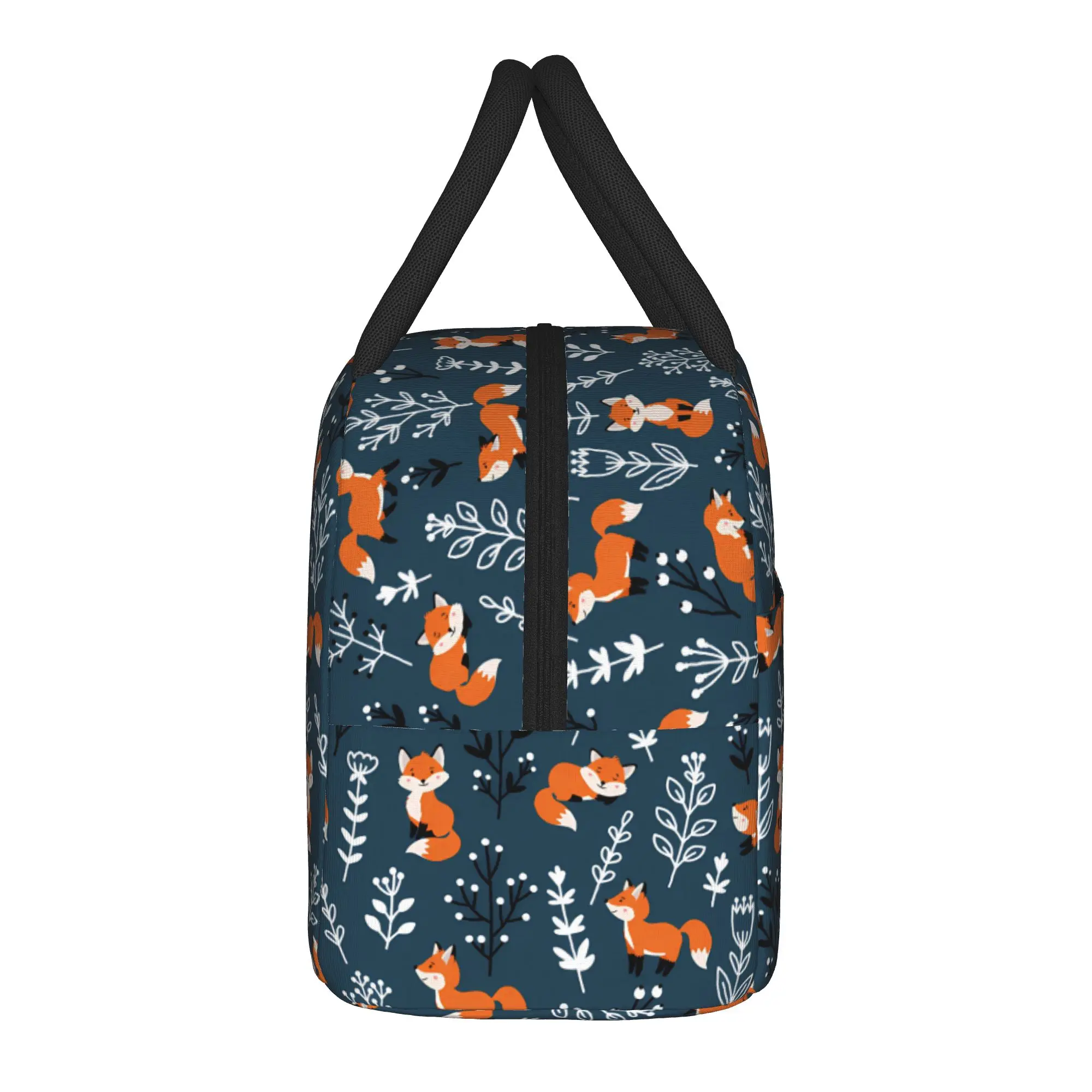 Cute Foxes Dark Blue Winter Lunch Bag Casual Lunch Box For Women Picnic Portable Zipper Cooler Bag Oxford Thermal Tote Handbags