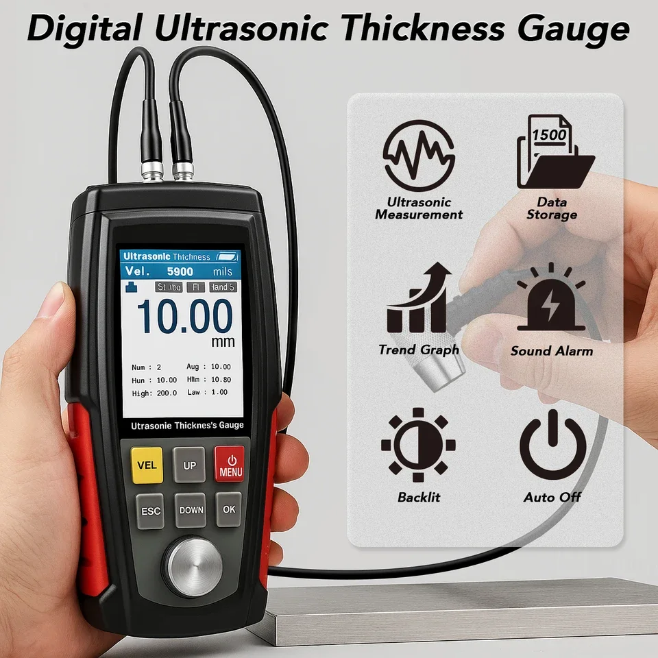 

WT130A High Accuracy Ultrasonic & Paint Thickness Gauge for Cars Range 1.2-300mm Precision Measurement Data Storage