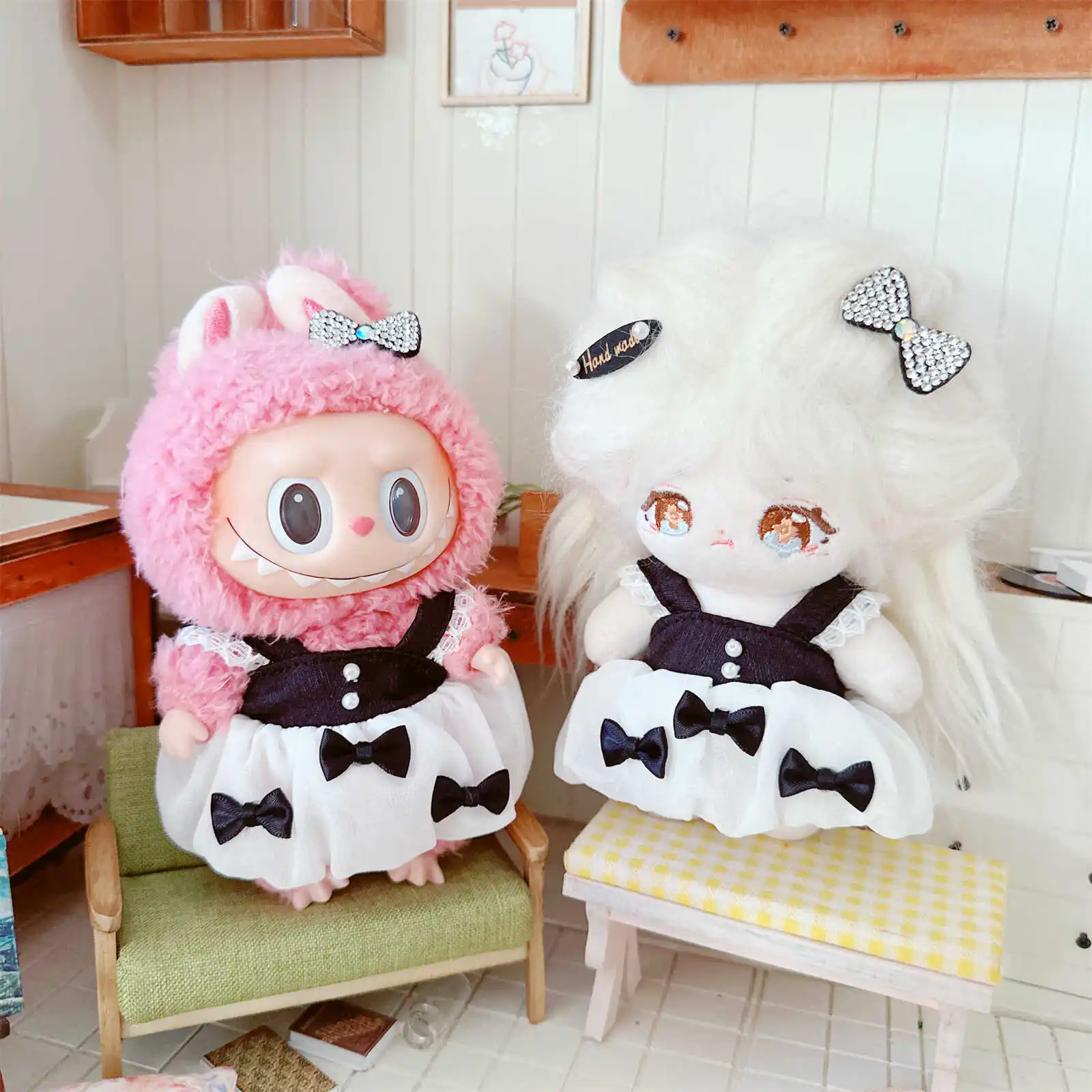 Cute Mini Idol Doll Clothes for Girls, Kawaii Soft Princess, Black White Bow Suit, Plush Doll Accessories, Changing Games, 10cm