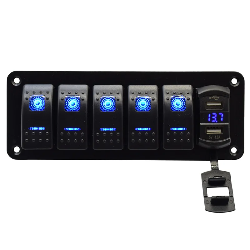 5 Gang Rocker Switch Panel - 5 Pin ON Off Toggle Switch With Blue LED Backlit Wiring Harness For Boat Car Marine ATV UTV