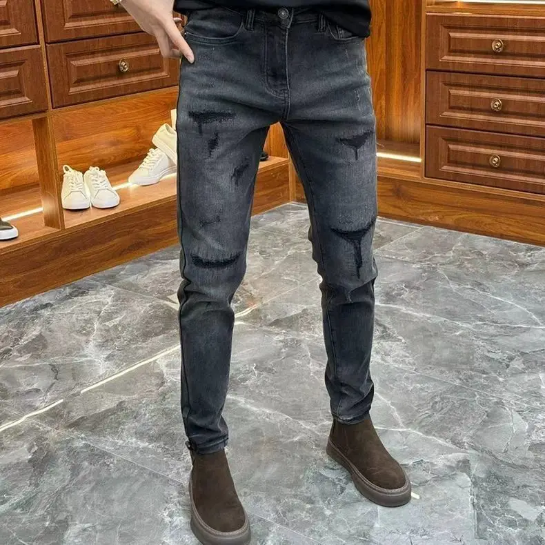 

Мужские джинсы премиум-класса с эффектом пэчворк и рваными элементами, черные, осенне-зимние, новые, градиентного цвета, эластичные, облегающие, с отворотами