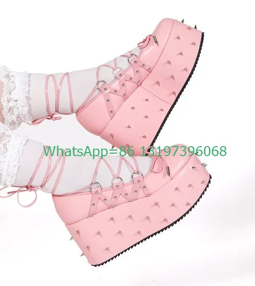 Lady pink studded rock design platformy sznurowane buty wycięte różowe PU Y2K design buty eleganckie sznurowane buty z kokardką rozmiar 46