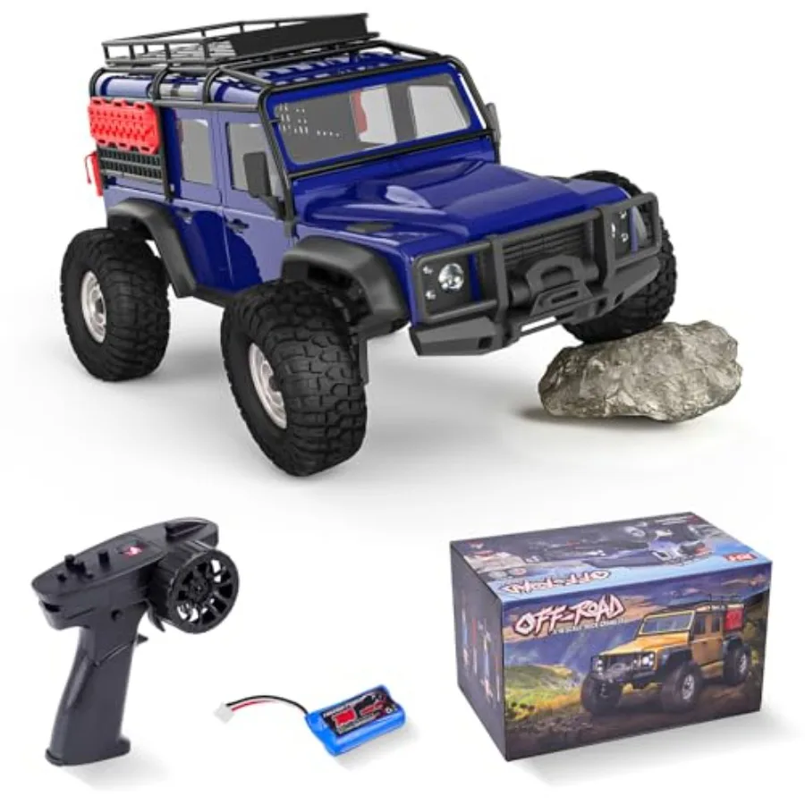 

Off-road RC monster truck for adults, ABS plastic body in blue, two-speed gearbox and 4WD drivetrain, 1:18 scale rock crawler w