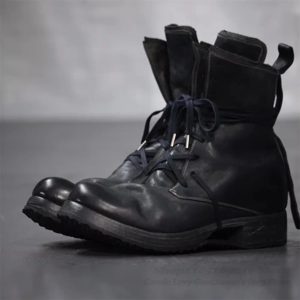 

Double Soled High Top Boot for Men Vintage Leather Round Toe Lace Up Make Old Workwear Short Boots Male Fashion Motorcycle Boot
