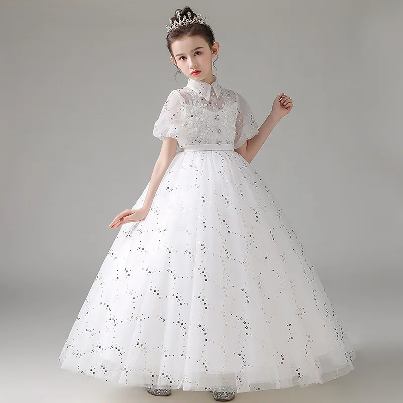 Child Girls Evening White Dress for Wedding Elegant Party Formal Sexy Sequin Long Dresses Puff Sleeve Birthday Frock Ball Gown