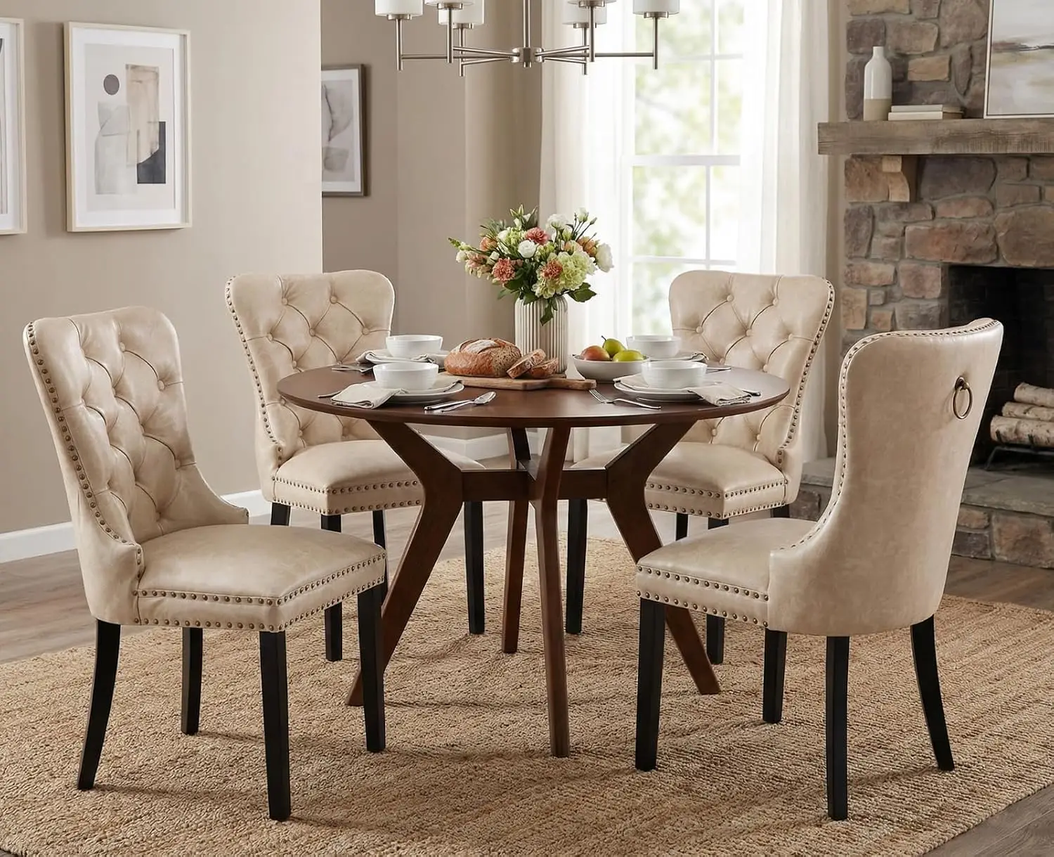 Beige Leather Dining Chairs Set of 4 Mid Century Modern Dining Room Chairs Tufted Upholstered Kitchen Dining Chairs, Customized view 4