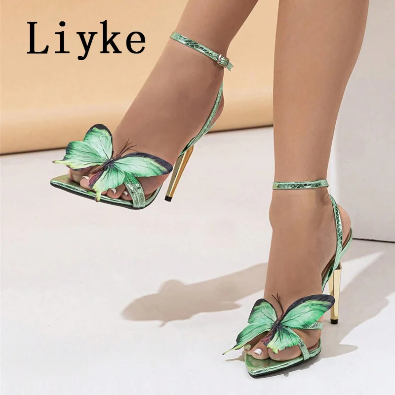 Liyke Sexy Green Snake Print Leather Ankle Strap Sandals Women Fashion Butterfly Designer High Heels Summer Party Dress Shoes