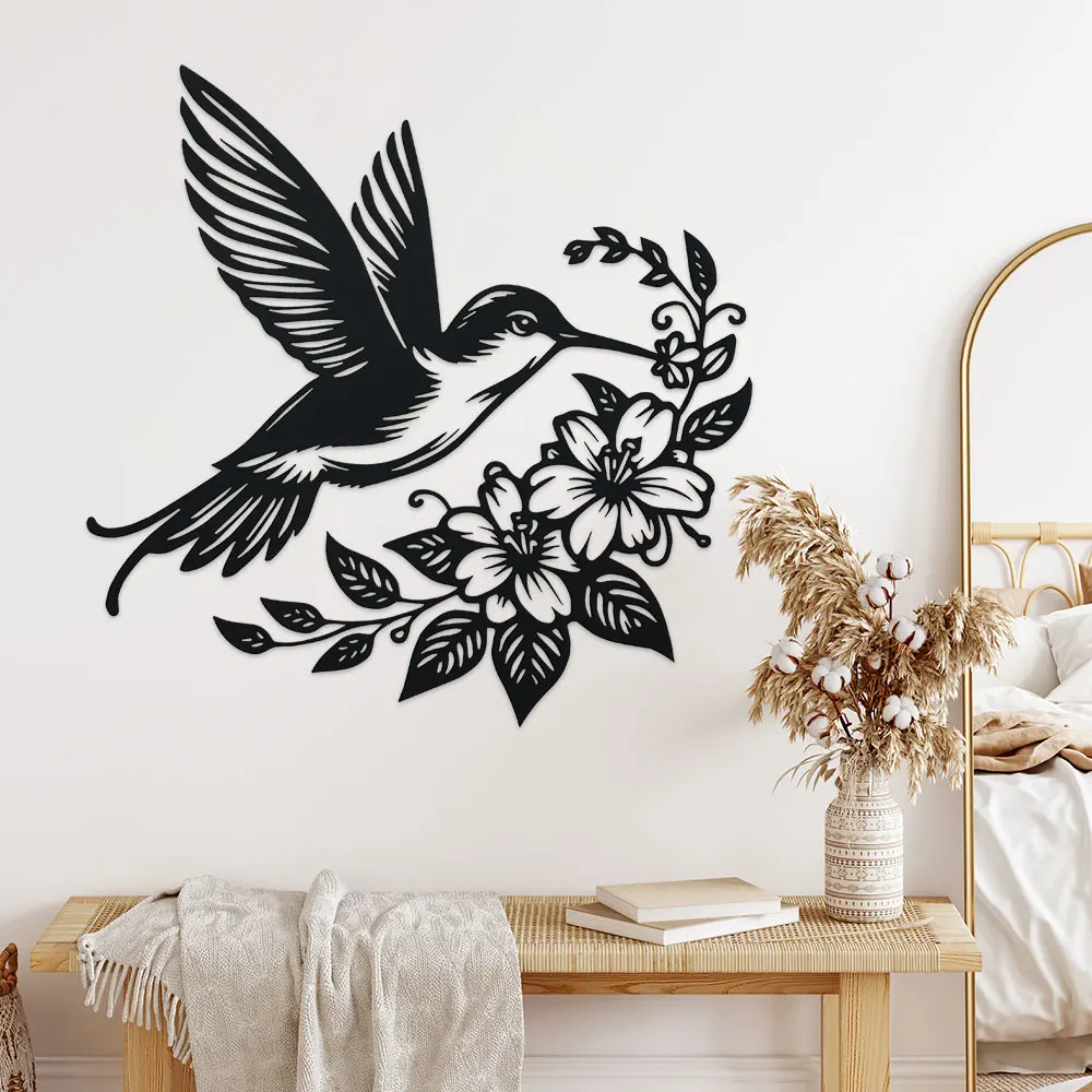 DDPNKL 1 Stück Kolibri und Blumen Metall-Wandkunst, Bauernhaus, Garten, Esszimmer-Wandbehang, Außen- und Innendekoration