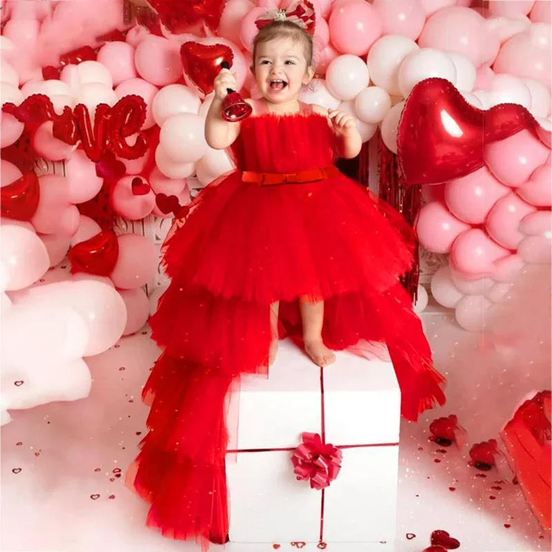 Baby girls Red trailing bow lace princess dress elegant wedding party 2 8 years birthday ball gown bridesmaid dresses kid clothe