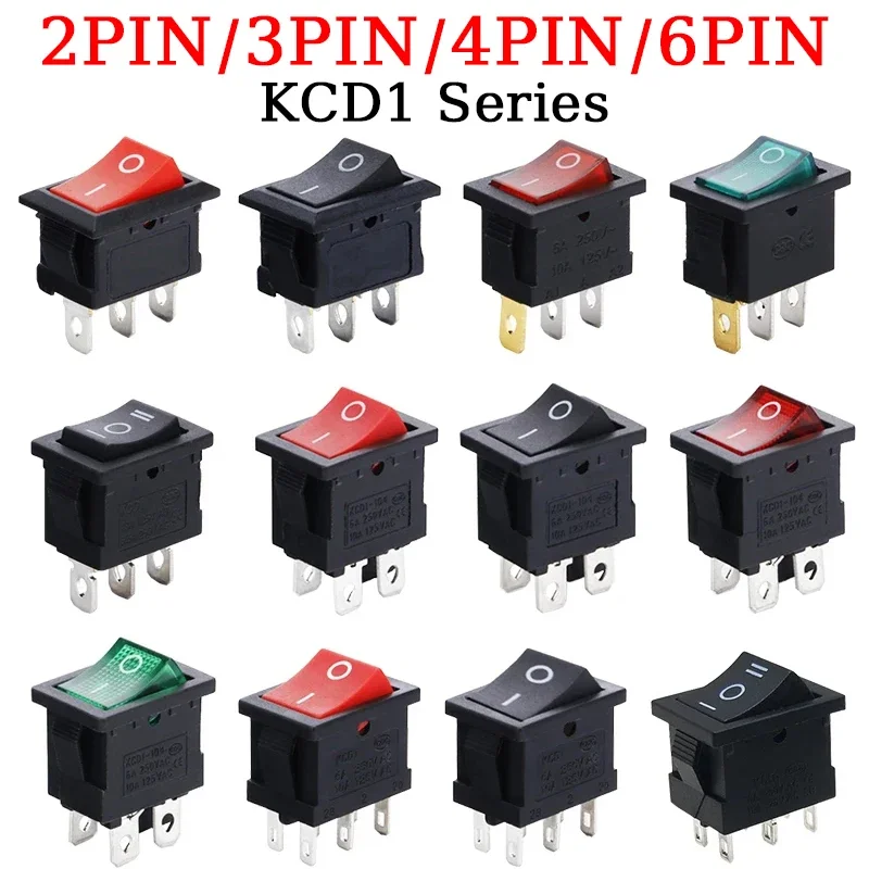 

Push Button Switch 15x21mm 2Pin 3Pin 4Pin 6Pin 6A 250V 10A 125V KCD1 Snap-in on/Off Rocker Switch With Red Green Light Switch