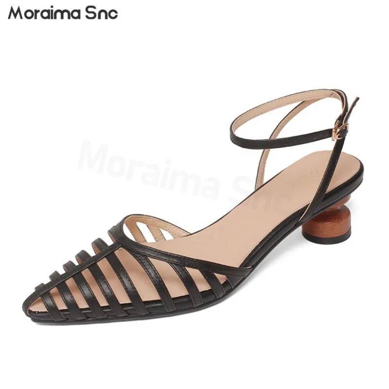 

Thin Strap Hollow Leather Sandals Summer Pointed Toe Ankle Buckle Strap Sandals Retro Special-Shaped Mid-Heeled Women's Shoes