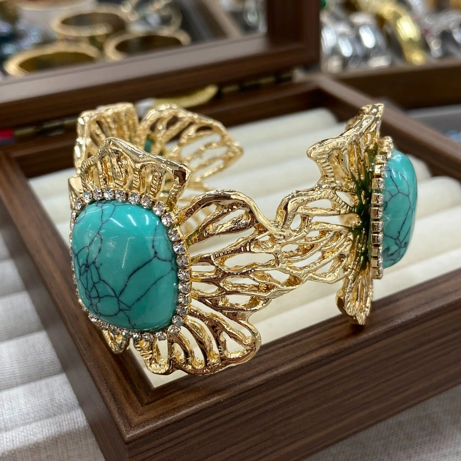 French New Openwork Floral Lace Turquoise Open Ended Bracelet Unique Design Women Exquisite Fashionable High  Wristband