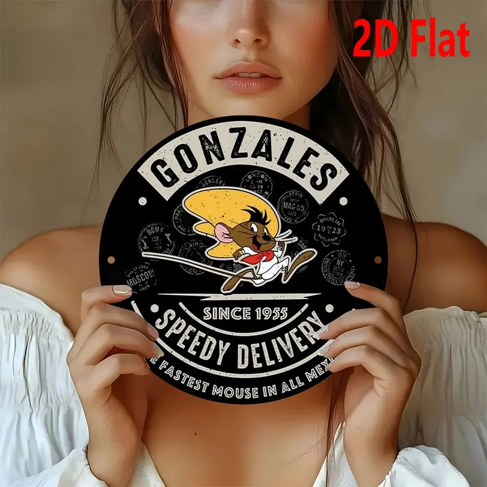 لافتة معدنية من الألومنيوم مسطحة ثنائية الأبعاد مقاس 20.32 × 20.32 سم - ماوس كرتوني قديم في سمبريرو ووشاح أحمر مع "GONZALES SPEEDY DELIVERY" و"SIN