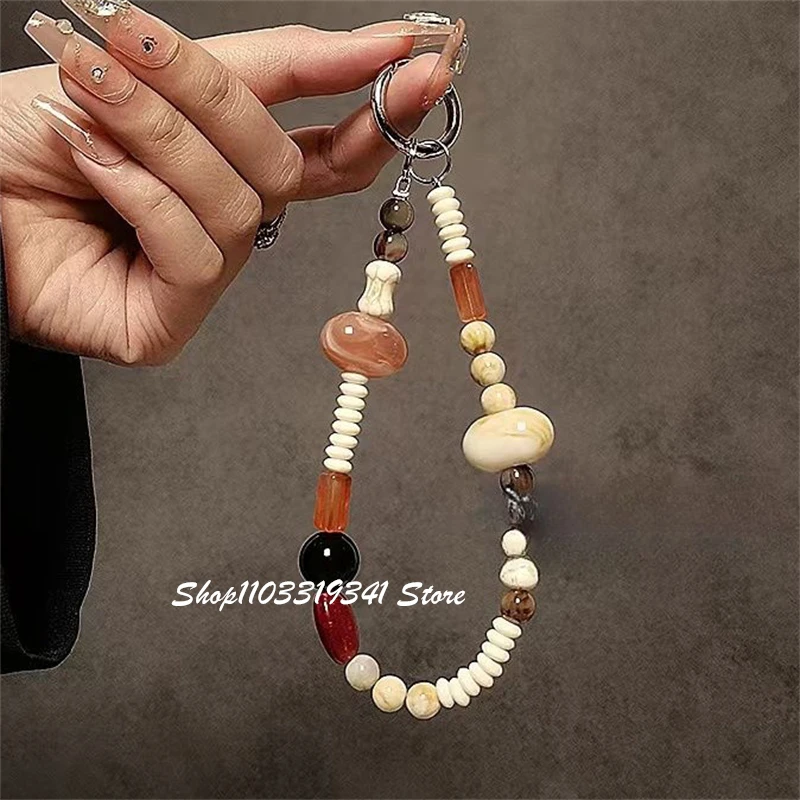 Maillard Style Caramel Beaded Phone Charm Keychain Bracelet Lanyard For iPhone 16 Samsung Universal Camera Anti-Lost Wrist Strap