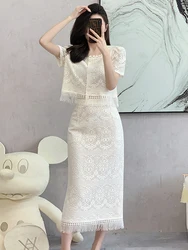 High Quality Floral Embroidery Summer Suit Female Elegant OL Single-Breasted Shirt Mid Skirt Lace 2 Piece Set for Women's Outfit