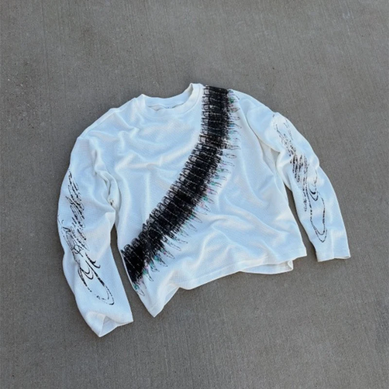 Y2K Waffle Knit Long Sleeve T Shirt White Brush Stroke Graphic Crew Neck Oversized Vintage Grunge Streetwear Unisex Tee