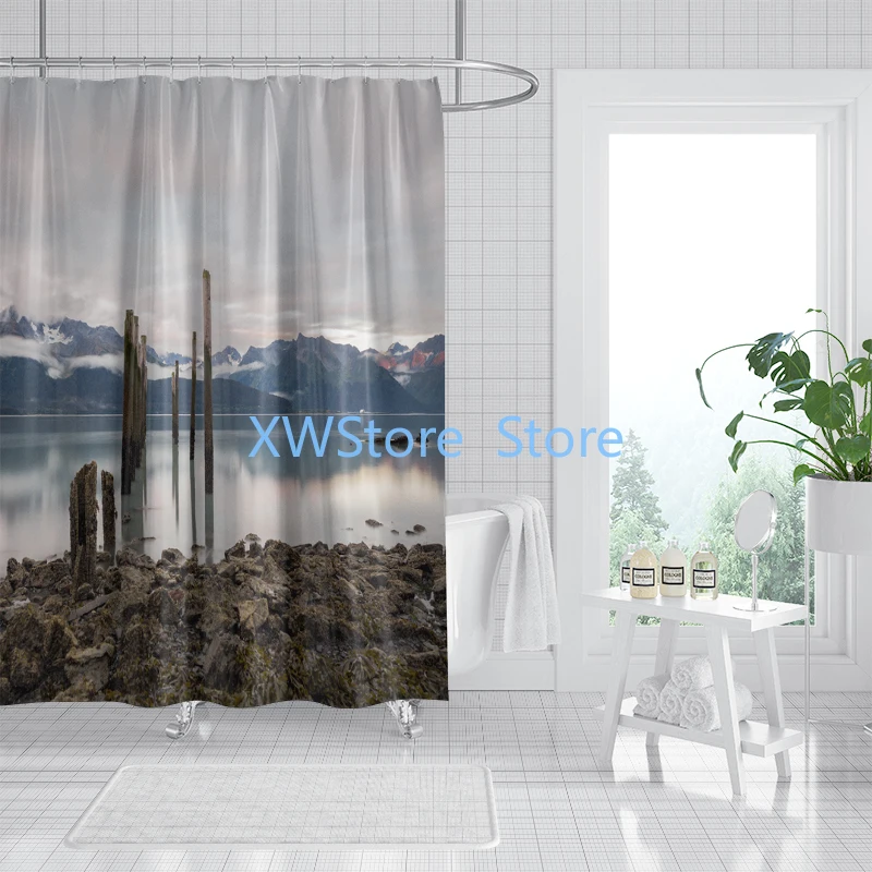 Fresh and Natural Landscape Shower Curtain Blue Sky White Clouds Green Trees Pattern Waterproof and Mildew-proof