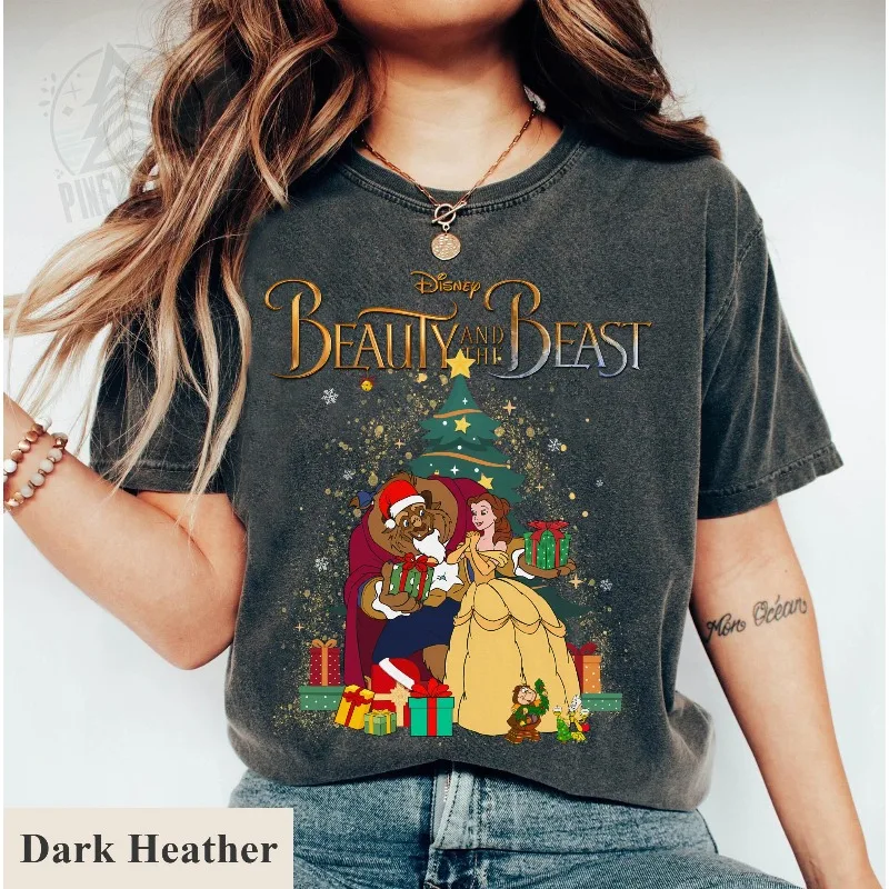 

Футболка Disney Christmas Princess Belle, Beauty and Beast Merry Christmas, подходящая для всех сезонов, уличная одежда из чистого хлопка