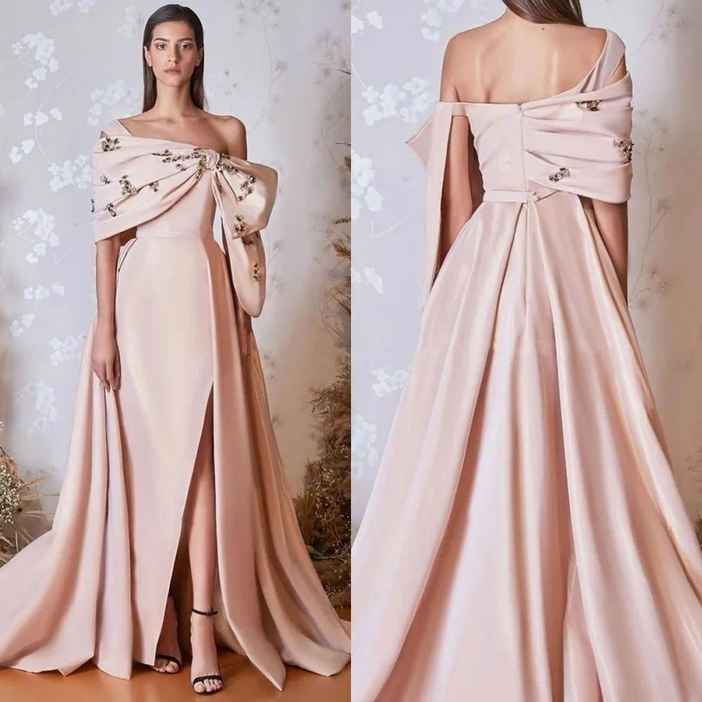 

Customized Intricate Fashion Rhinestone Draped Pleat A-line Off-the-shoulder Long Dresses Bespoke Occasion Dresses High Quality