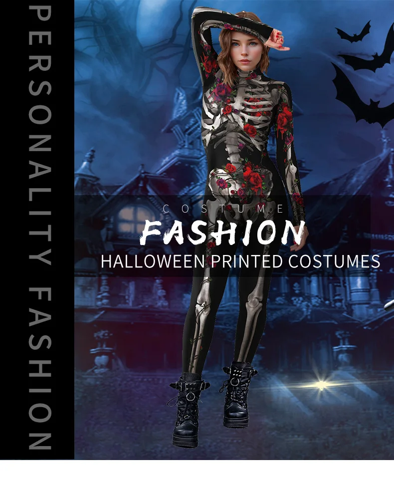 Halloween Skelett-Rosen-Druck Jumpsuit für Frauen, The Dead Cosplay Bodysuit, Sexy Zentai-Anzug, Karnevalsparty Bühnen-Morphsuit Neu – Detail 1