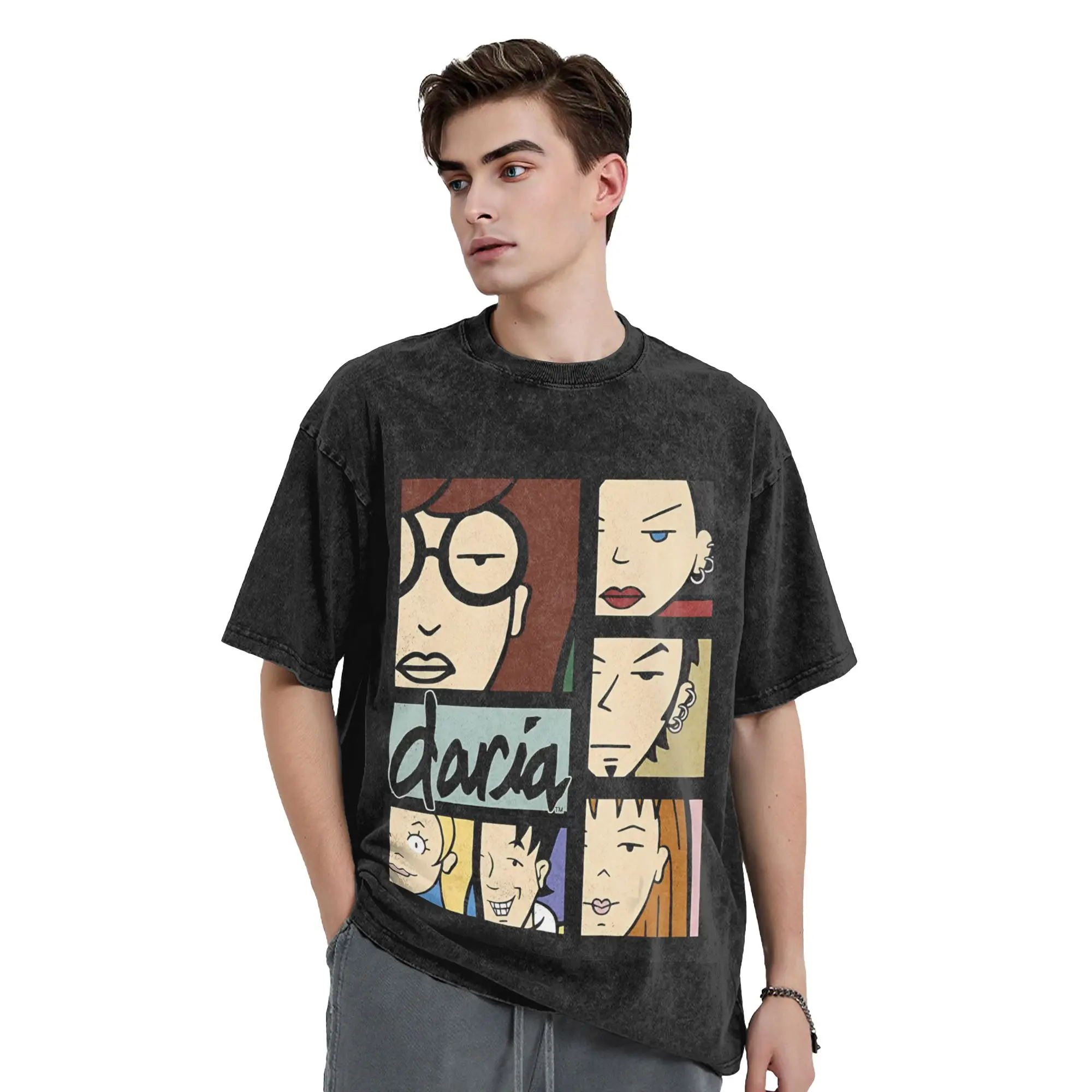 Darias Character Panels T Shirt Hip Hop Washed 100% Cotton Harajuku T-Shirts  Casual Men Women Tops Streetwear Printed Tops Tees
