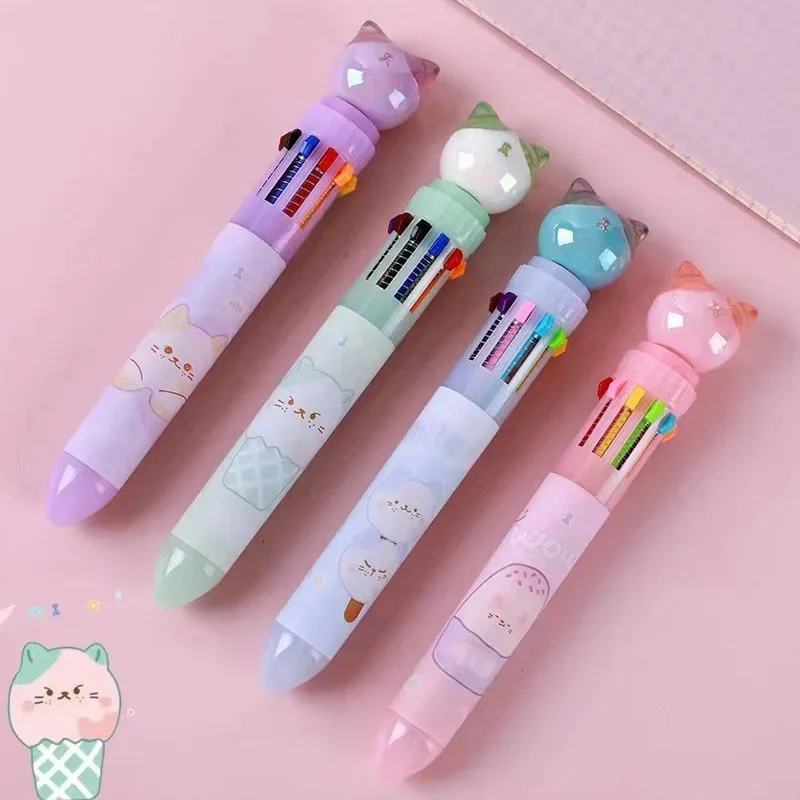 10 สี Kawaii Cat ปากกาลูกลื่นการ์ตูนสร้างสรรค์นักเรียน Multicolor Mark ปากกาโรงเรียนเครื่องเขียนอุปกรณ์สํานักงาน