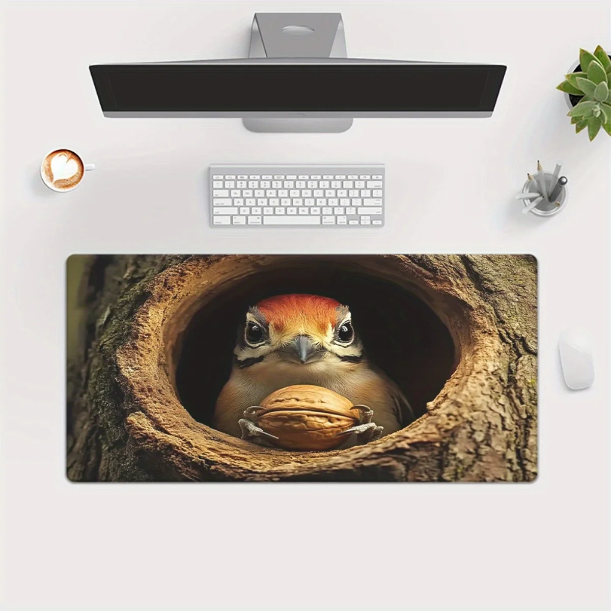 1pc Woodpecker in Tree Hole Design Mouse Pad - Non-Slip Rubber Base Gaming & Office Desk Mat with Vivid Nature Artwork, Durable