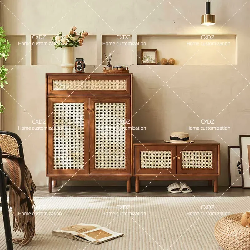 Nordic Solid Wood Rattan Shoe Cabinet Japanese Style Storage Locker for Small Apartment Household Entryway Organizer
