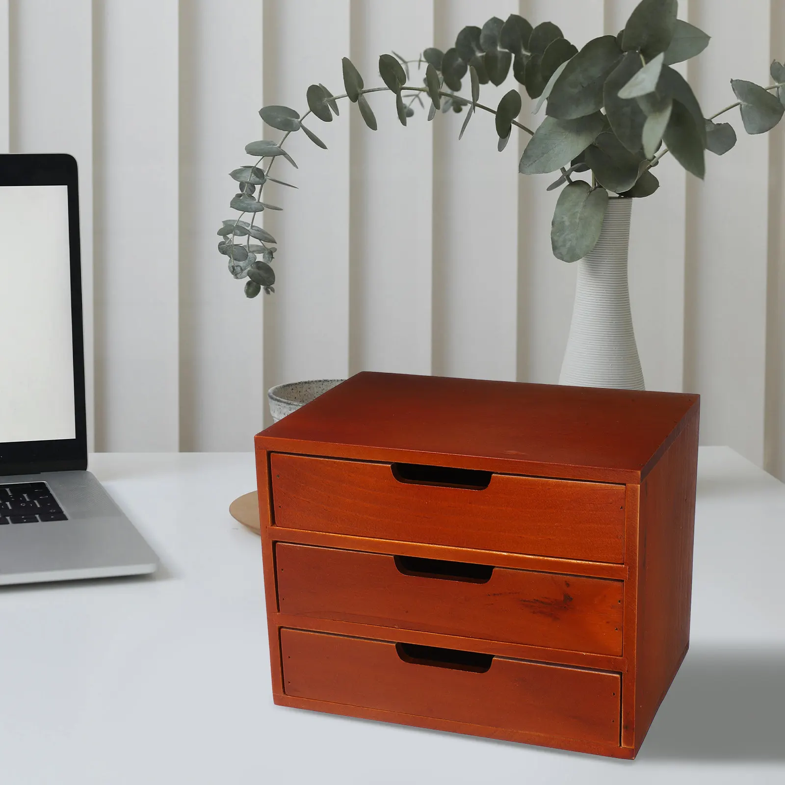 Three Layer Storage Cabinet Wooden Desk Organizer Multi-Functional Desktop Storage Box for Makeup Jewelry Office Supplies