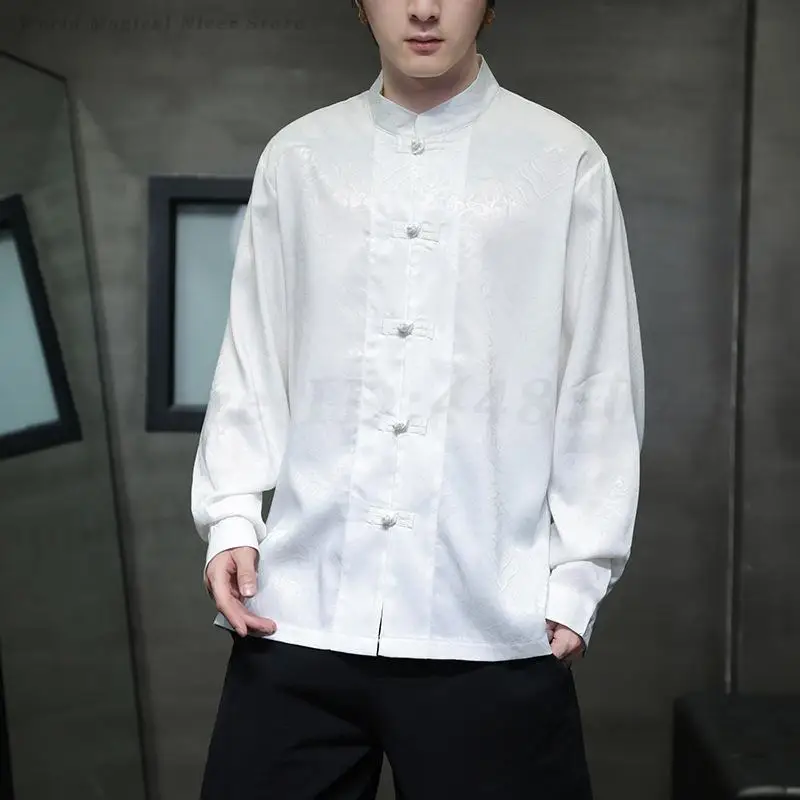 2025 جديد الرجال النمط الصيني خمر قميص رجالي بلايز تانغ دعوى التقليدية التنين نمط كم طويل الوقوف طوق قمصان سوداء