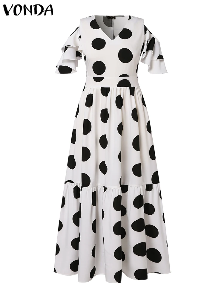 VONDA Plus Size Summer Polka Dot Long Dress Women Ruffled Sundress 2024 Bohemian Casual V-neck Hollow Short Sleeve Maxi Robe 5XL
