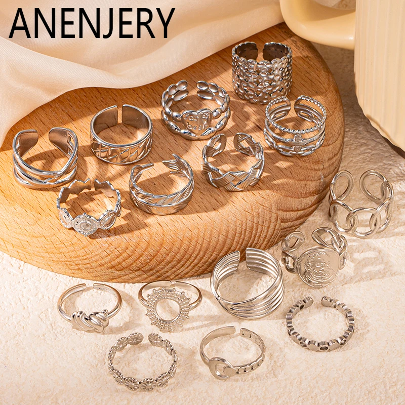 ANENJERY 316L Stainless Steel Multiple Lines Round Heart Feather Ring for Women Men Simple Niche Jewelry Gifts Wholesale