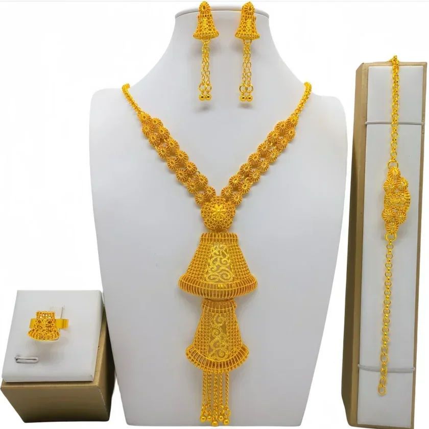 Luxury Indian Big Bow Shape Bridal Long Tassel Necklace Earrings Sets Dubai Gold Color Plated Jewelry Set Ethiopian Jewellery