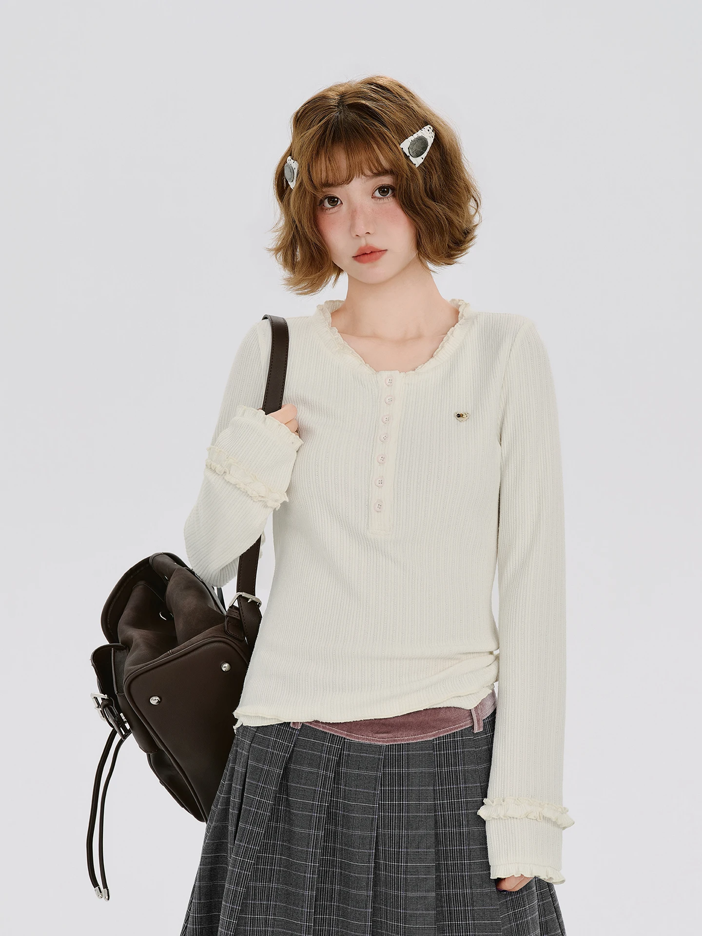 Girlyhalo American Retro Henry Collar Long Sleeve T-Shirt Women Slimming Fit Base Shirt Casual Style Autumn New Arrival