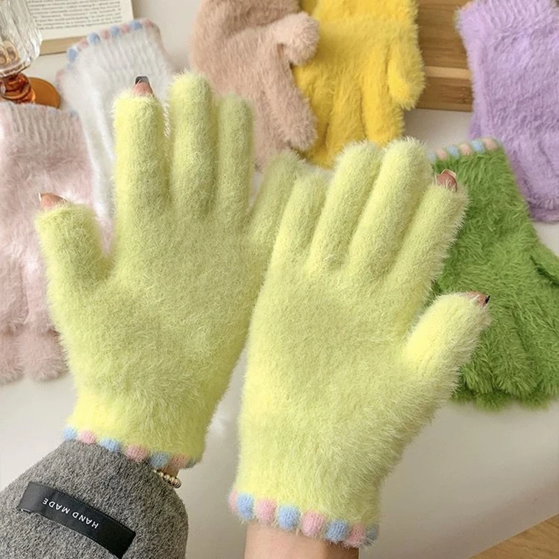 Women's Men Fleece Thicken Work Gloves Winter Keep Warm Plush Furry Full Finger Mittens Soft Elastic Casual Solid Cycling Gloves