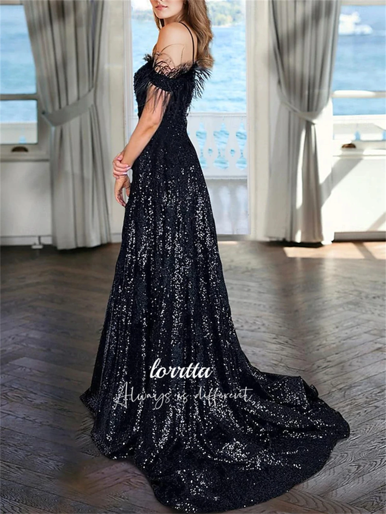 Lorrtta Feather Decoration Line A Ball Gown Evening Dress Sequined Fabric Elegant Party Dresses 2024 for Wedding Prom Cocktail