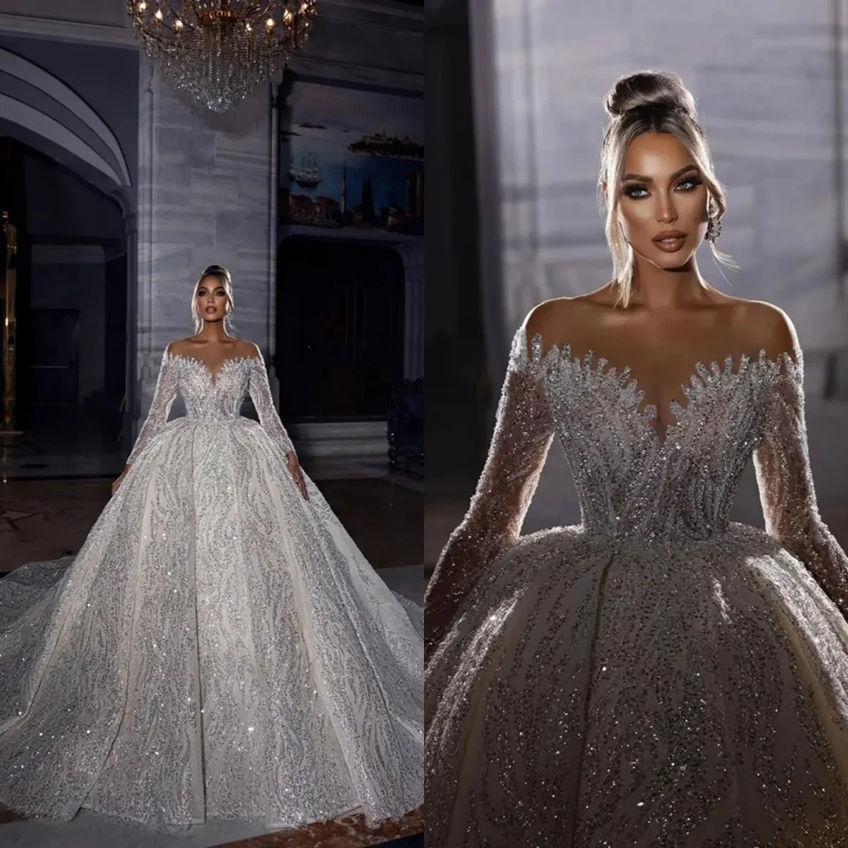 

Luxury Sweetheart Neck Ball Gown Sequins Beaded Appliques Wedding Dress Customized Long Sleeve Big Sweep Train Bridal Dresses