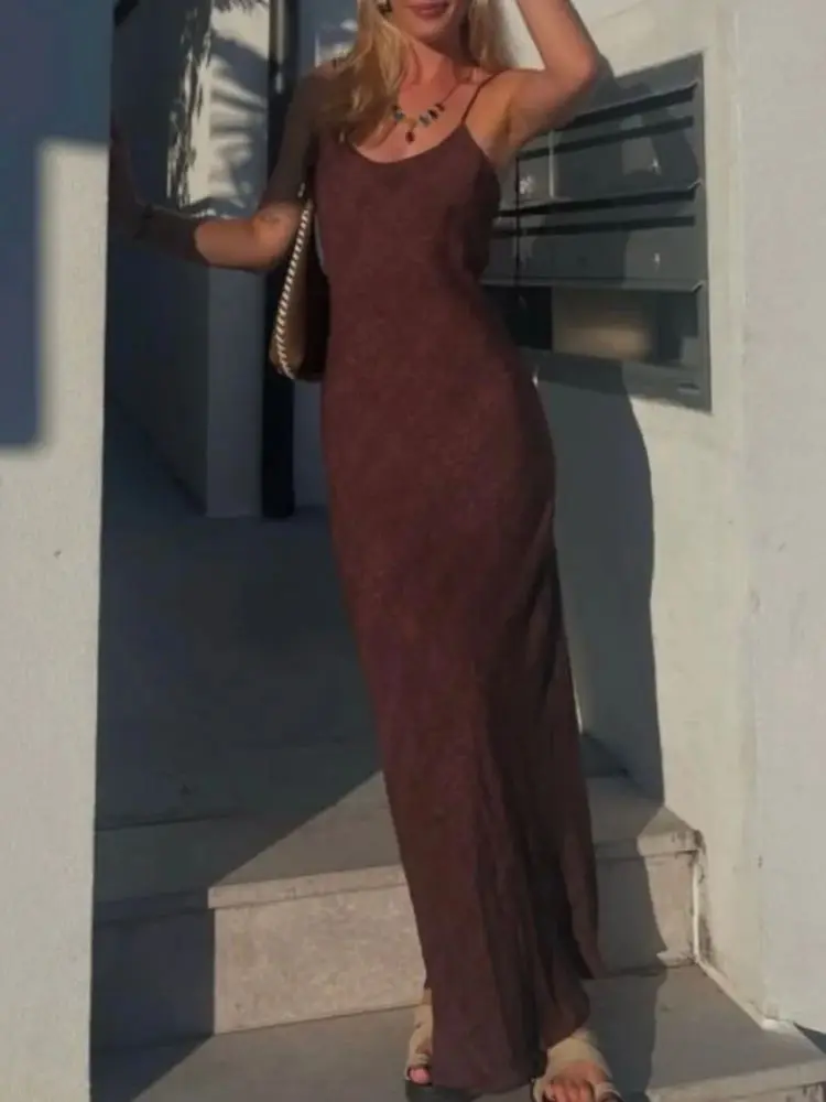 

Summer Ladies Silk Sling Robe Retro Print Strapless Backless Elegant Slim Long Dress