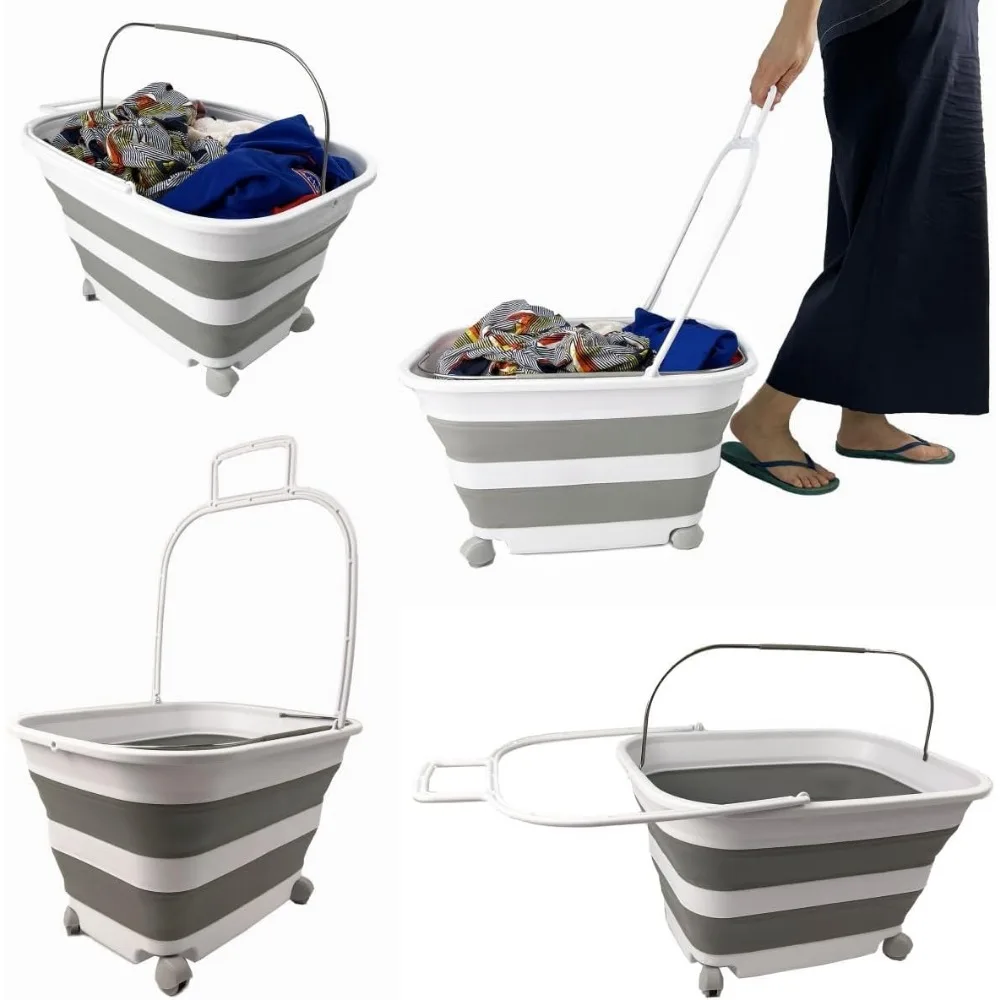 سلة غسيل بلاستيكية قابلة للطي سعة 35 لترًا بمقبض وعجلات - تخزين قابل للطي للغسيل