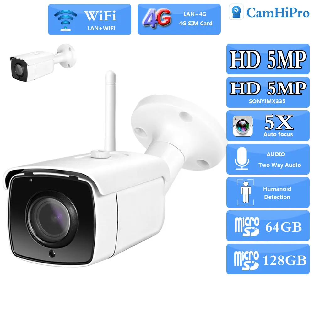 3G 4G SIM Card SONY335 5MP Wireless Bullet Security IP Camera Wifi 2.7-13.5mm 5X Zoom Two Way Audio IR Night Vision Outdoor