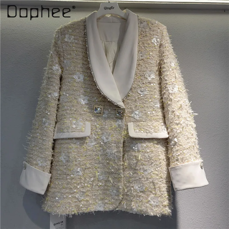 

Elegant Sequined Jackets Down Liner Warm Women Temperament Rhinestone Button Lapel Pearl Slim Coats Ladies Blazer Commute