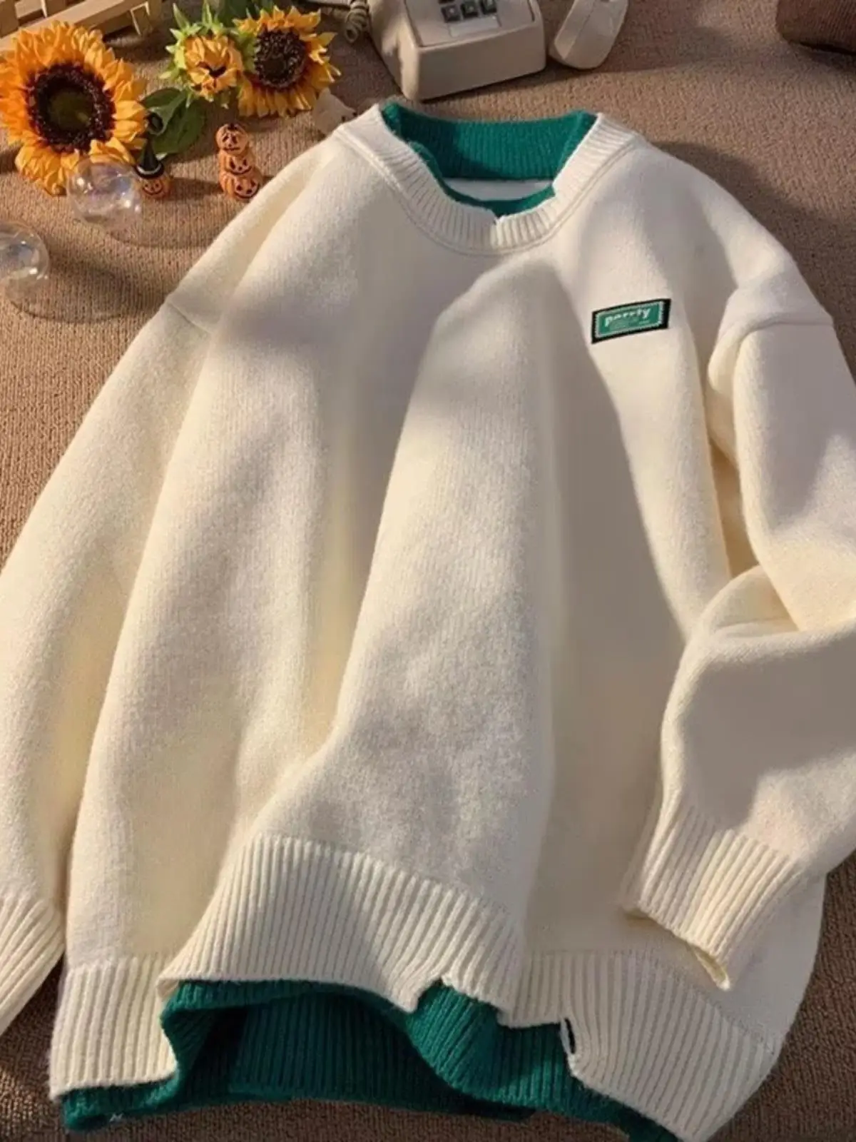 

Мужской свитер-имитация двухслойного, зимний, утепленный, для ношения под одеждой, вязаный, повседневный, с круглым вырезом