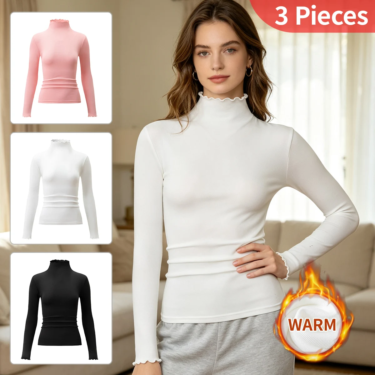 3-Piece Women's High Neck Top For Autumn And Winter Pure Color Sweet And Casual Sporty And Comfortable Long Sleeved Warm Top