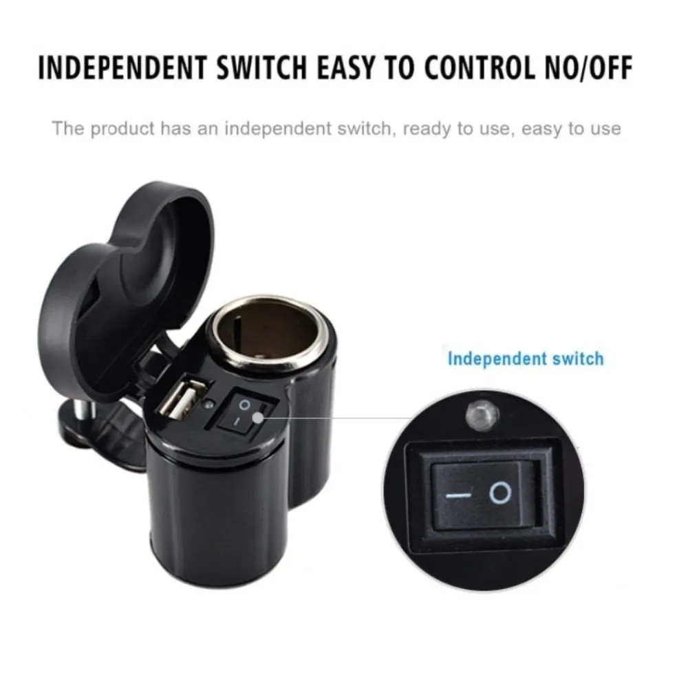 12V Motorcycle Handlebar USB Charger Waterproof Cigaret-te Lighter Socket with Switch for Cellphones Mobile Tablets GPS