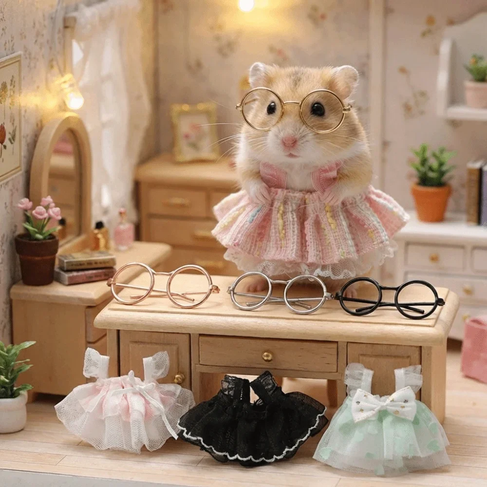 Pet Vest Adorable Hamster Princess Dress Breathable Soft Pet Dress Eyeglasses Set Lightweight Pet Puff Skirt Fancy Rats