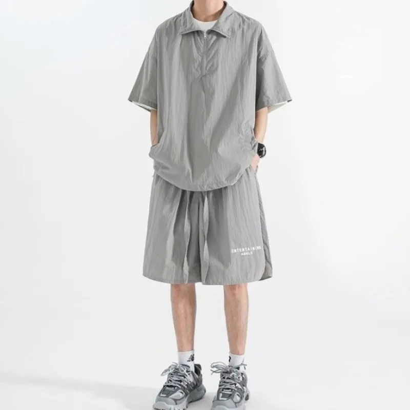 

Men's Polo Collar Ice Silk Suit Summer Thin Quick Dry Short Sleeve Shorts 2 Piece Loose Casual Sports Set