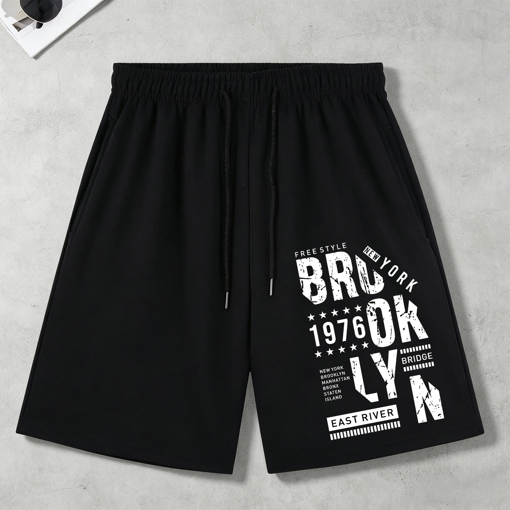 

New York Bro 1976 Print Pocket Mens Wide-Leg Pants Soft Street Fashion Sportpants Unisex Retro All-Match Black Basics Shorts